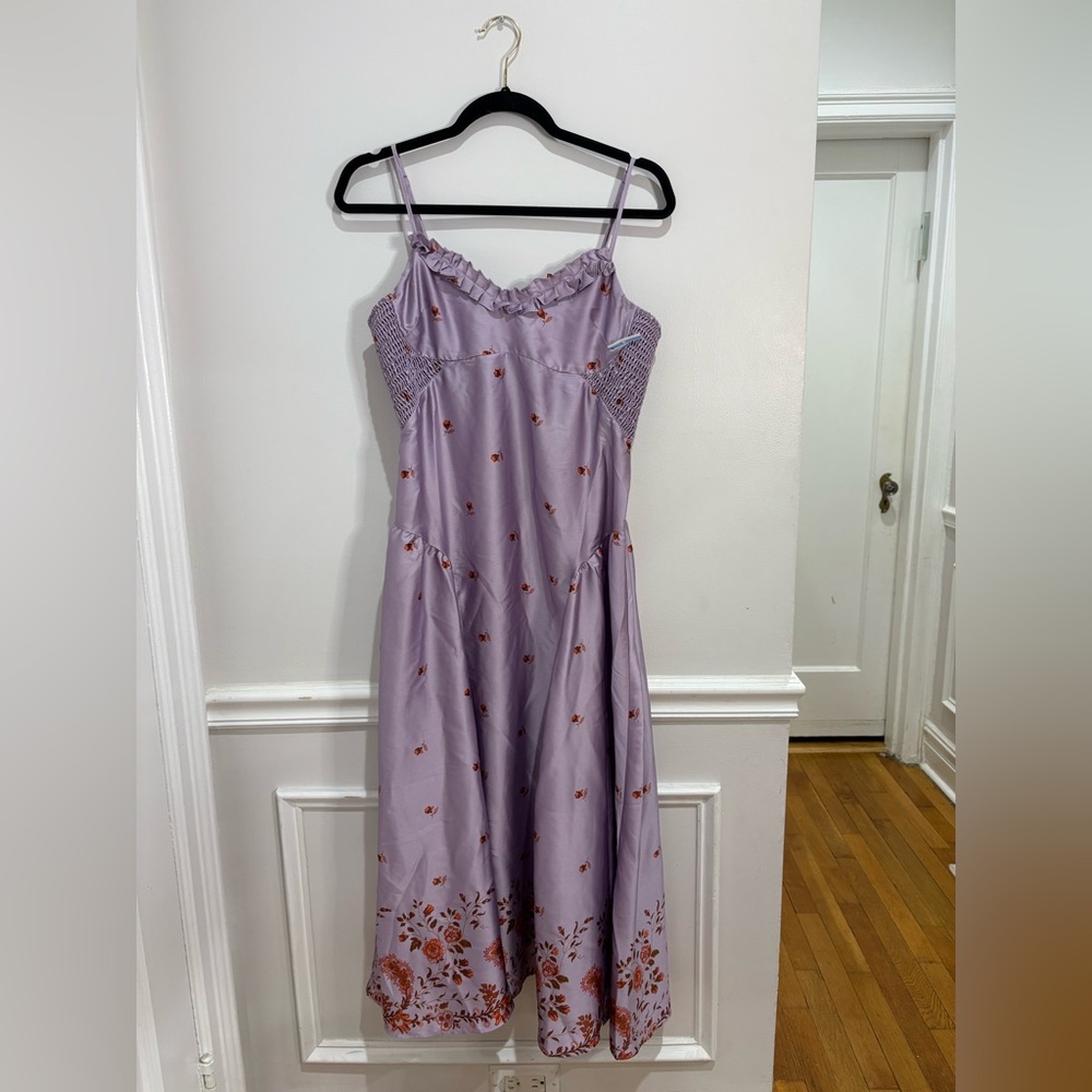 Free people ruffle smocked Purple Floral Spaghetti Strap Dress size M new tags